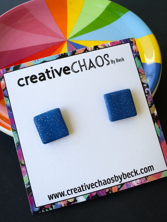 Blue + Glitter Midi Square Clay Stud Earrings (91)