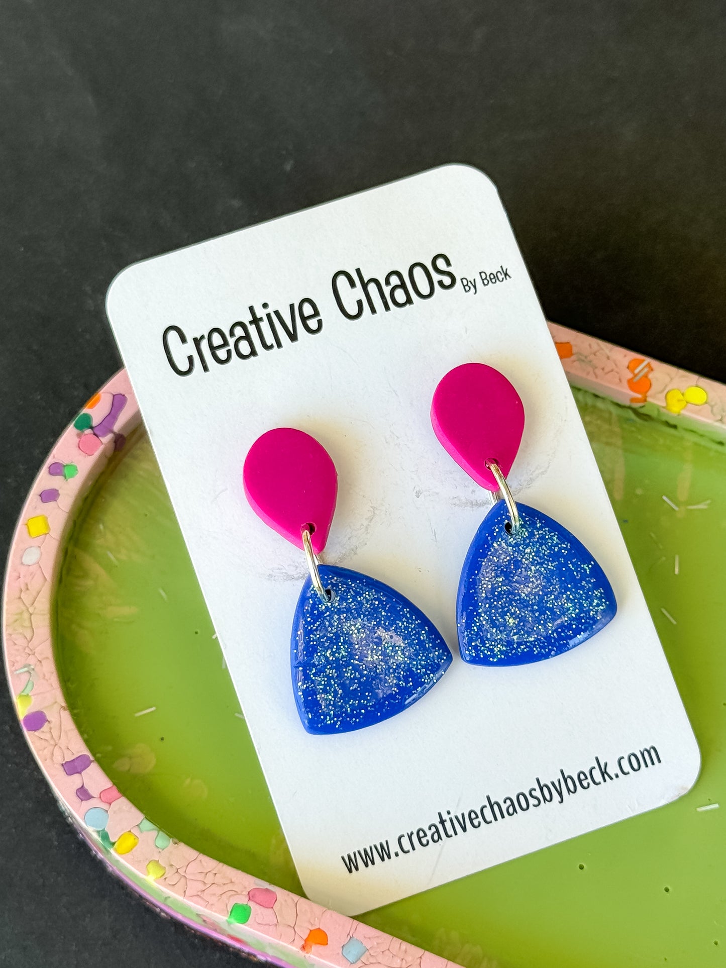 Fuchsia and Blue Polymer Clay Dangle Earrings