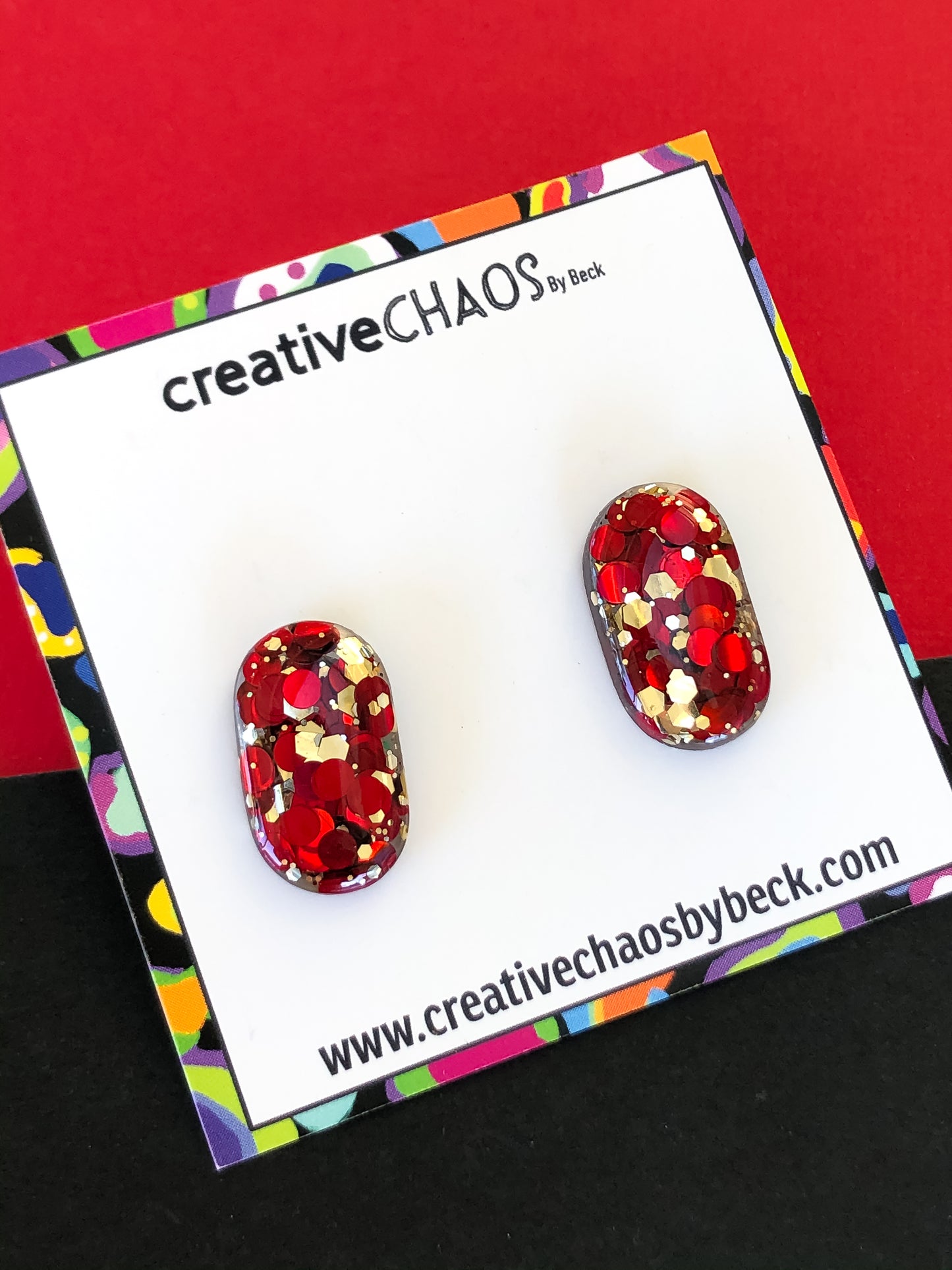 Red & Gold Drop Down Glitter Stud