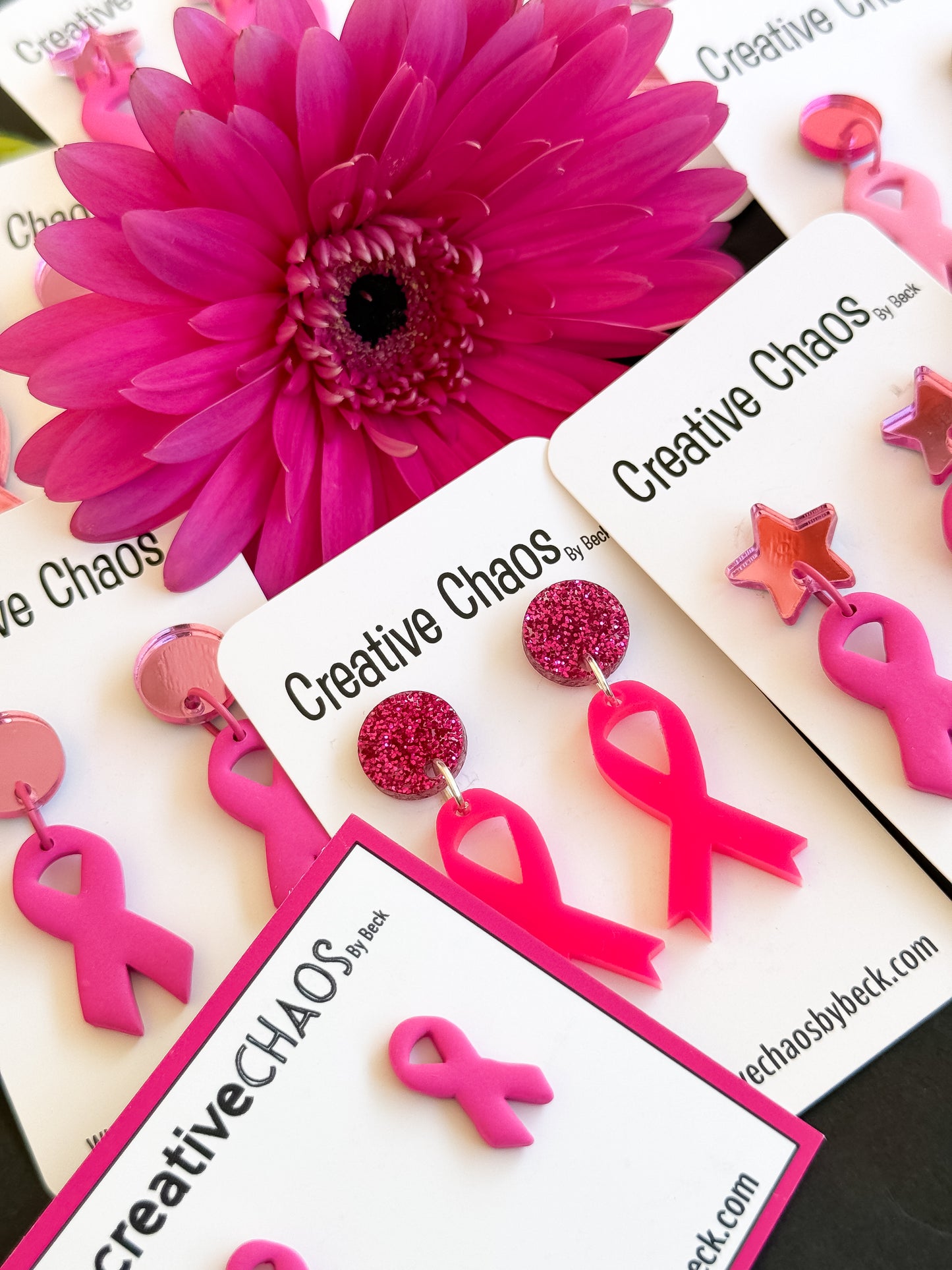 Pink Ribbon Polymer Clay Earrings with Mirrored Acrylic Topper (4)