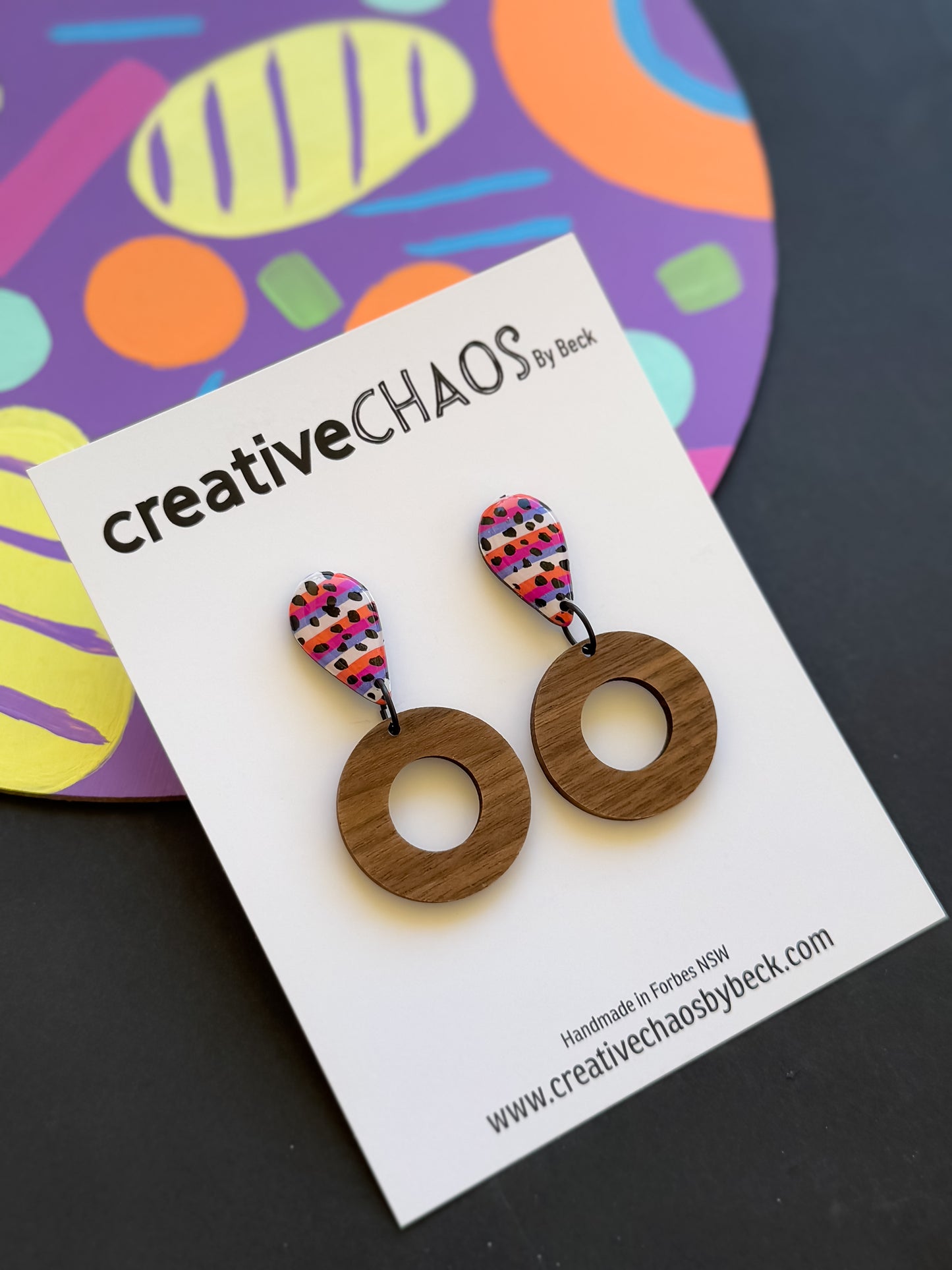 Timber and Stripe Polymer Clay Dangles with Dots Topper(14)