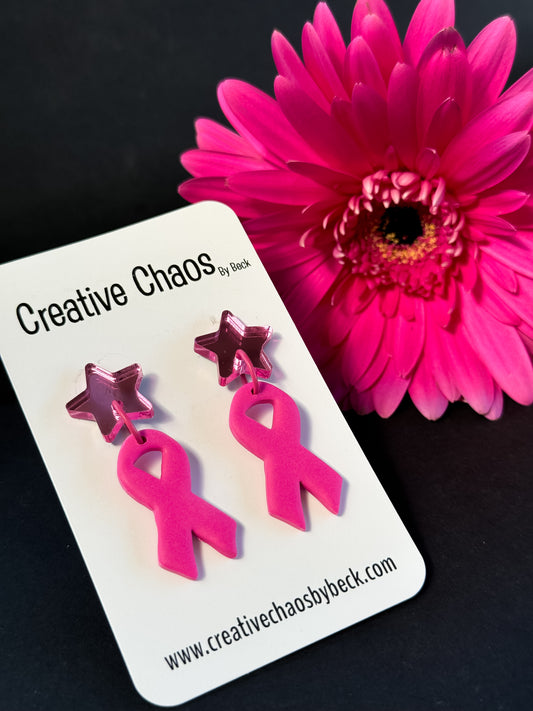 Pink Ribbon Polymer Clay Earrings with Mirrored Acrylic Topper (3)