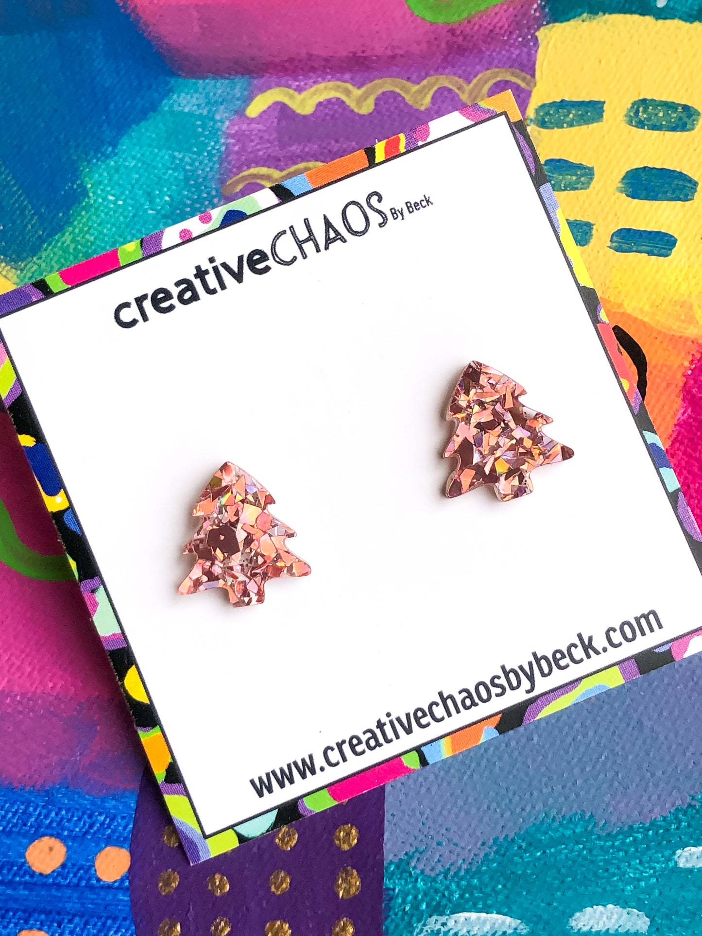 Christmas Tree Holographic Rose Gold Chunky Glitter Stud