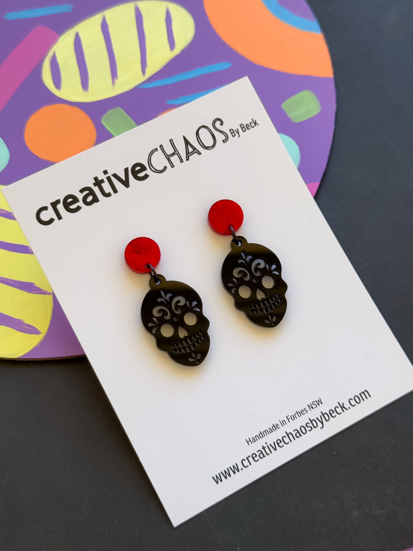 Acrylic Skull Dangle Earrings with Red MarbleTopper (53)