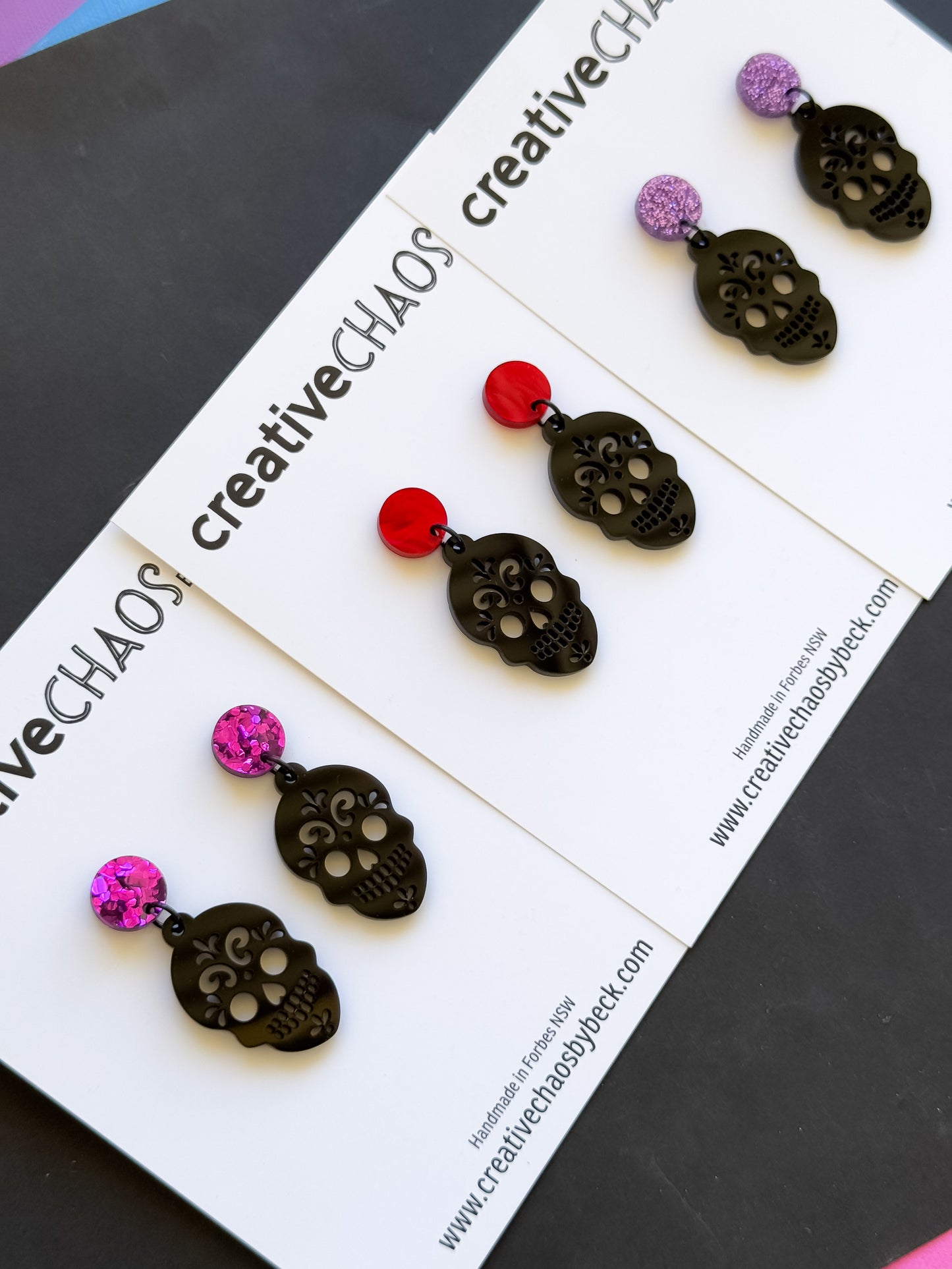 Acrylic Skull Dangle Earrings with Glitter Topper (52)