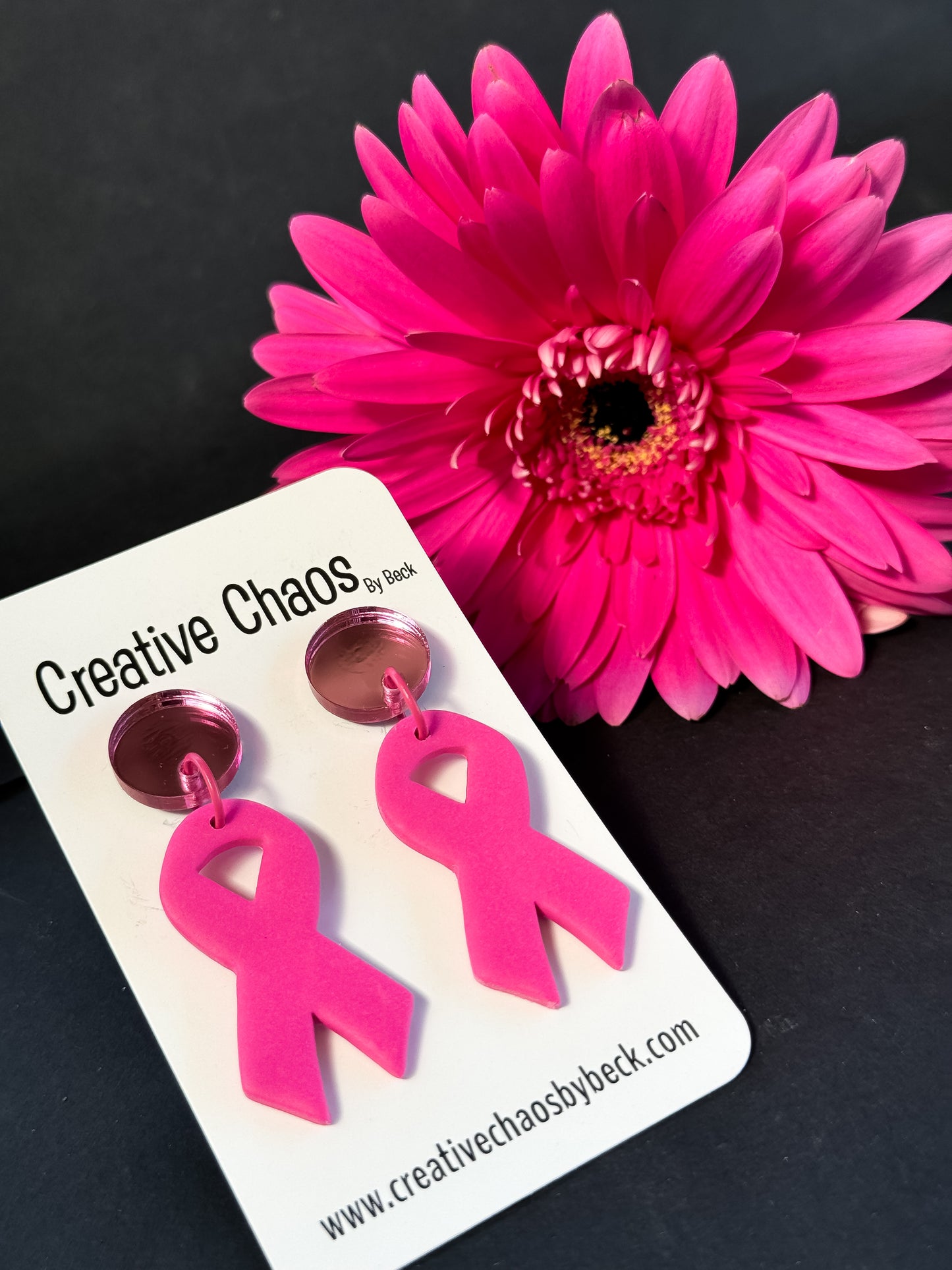 Pink Ribbon Polymer Clay Earrings with Mirrored Acrylic Topper (5)
