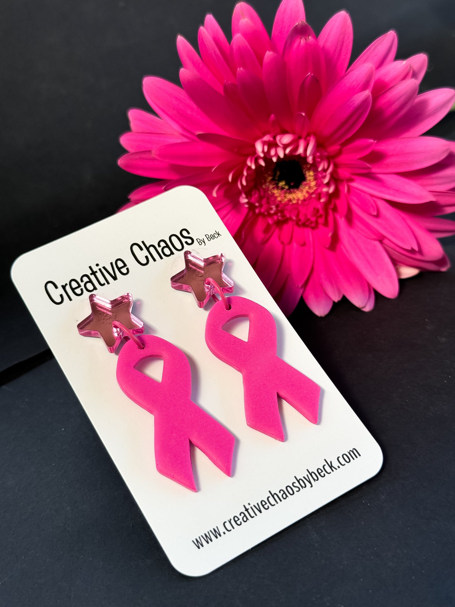 Pink Ribbon Polymer Clay Earrings with Mirrored Acrylic Topper (4)