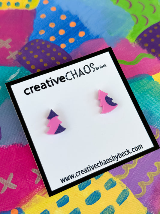 Resin Mini Christmas Tree Studs - Pink & Purple (2)