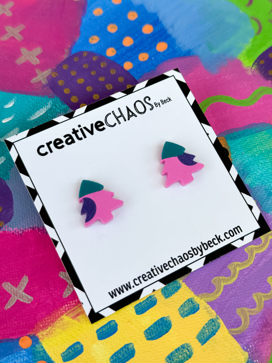 Resin Christmas Tree Studs - Pink, Green & Purple (6)