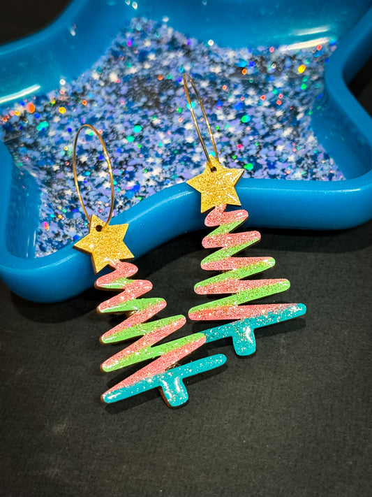 Colourful Hand-Painted Wooden Christmas Tree Hoop Earrings (30)