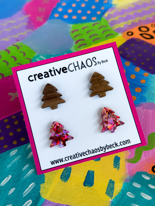 Timber & Chunky Glitter Acrylic Christmas Tree Stud Pack Earrings (2)