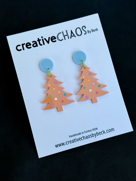 Festive Acrylic Christmas Tree Dangle Earrings with Colourful Spots (5)