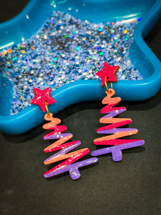 Colourful Hand-Painted Wooden Christmas Tree Dangle Earrings (33)