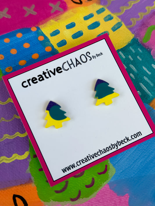 Resin Christmas Tree Studs - Yellow, Green & Purple (5)