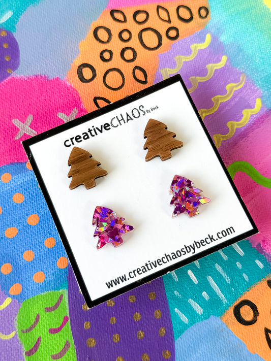 Timber & Chunky Glitter Acrylic Christmas Tree Stud Pack Earrings (4)