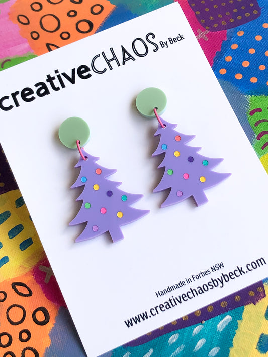 Festive Acrylic Christmas Tree Dangle Earrings with Colourful Spots (40)