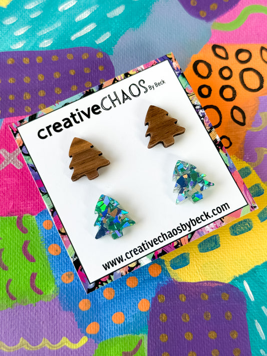 Timber & Chunky Glitter Acrylic Christmas Tree Stud Pack Earrings (3)