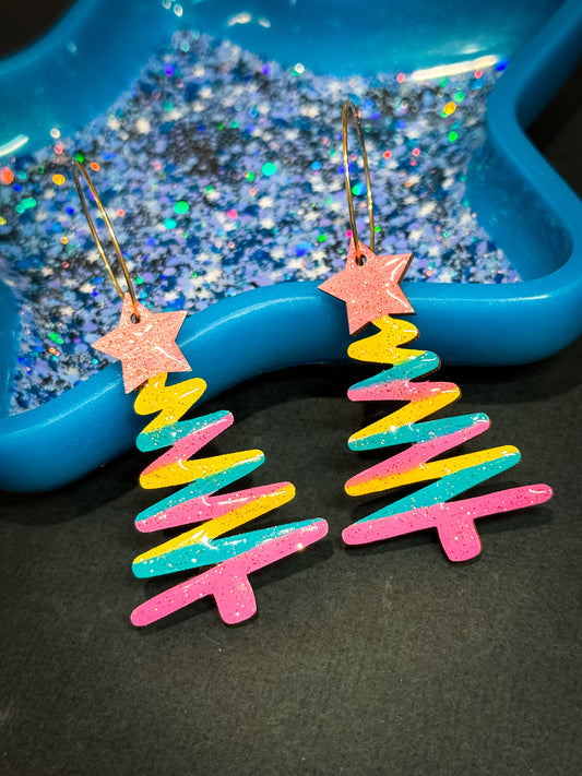 Colourful Hand-Painted Wooden Christmas Tree Hoop Earrings (32)