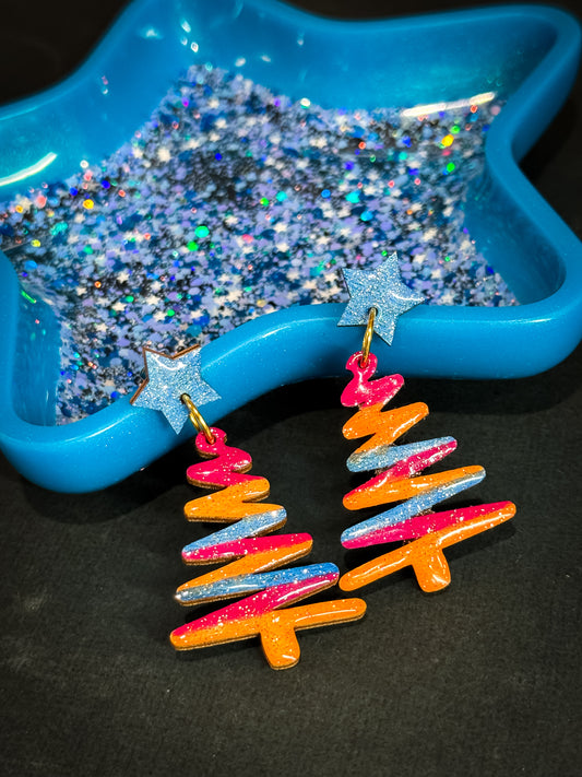 Colourful Hand-Painted Wooden Christmas Tree Dangle Earrings (34)