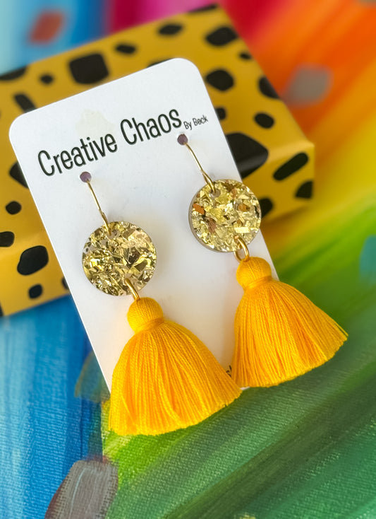 Chunky Gold Acrylic Topper & Coloured Tassel Hook Earrings