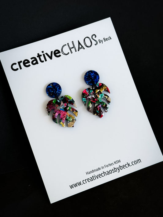 Chunky Colourful Glitter Monstera Leaf Dangle Earrings (45)