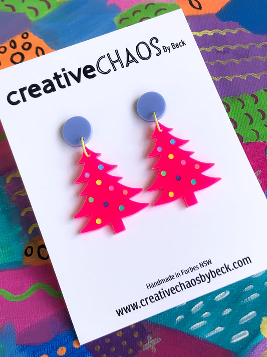 Festive Acrylic Christmas Tree Dangle Earrings with Colourful Spots (30)