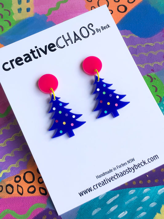 Festive Acrylic Christmas Tree Dangle Earrings with Colourful Spots (12)