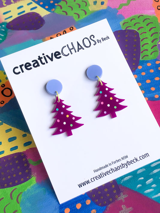 Festive Acrylic Christmas Tree Dangle Earrings with Colourful Spots (5)