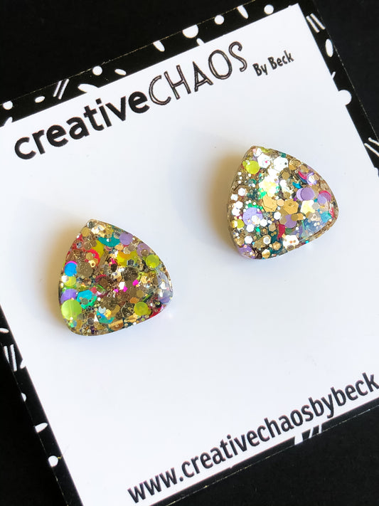 Multi Coloured Glitter Rounded Triangle Stud